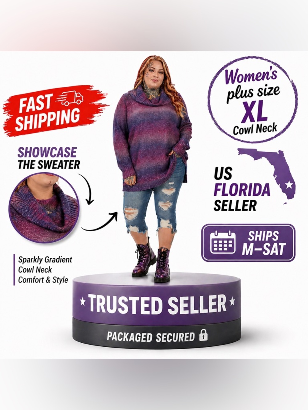 Vintage Fashion Bug Purple Cowl Neck Sweater Heathered Knit XL Women’s